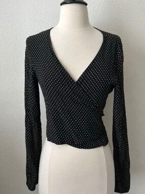 Brandy Melville black white polka dot cropped long sleeve wrap top